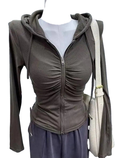 Olive green zip up hoodie for women with gathered front design and lightweight fabric