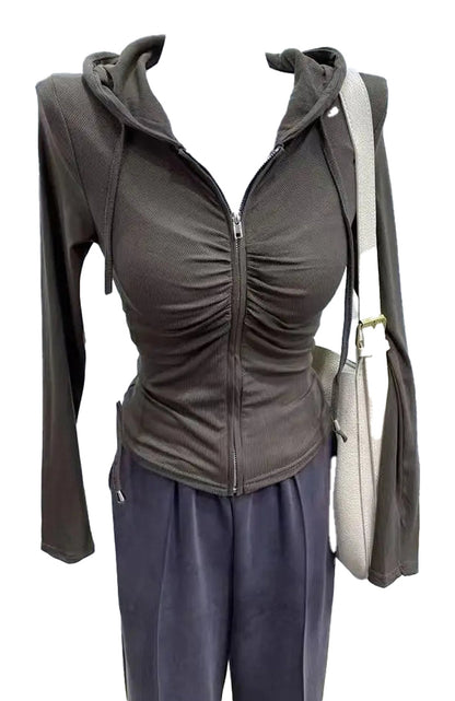 Stylish zip up hoodie for women in dark brown with a fitted design and gathered detail