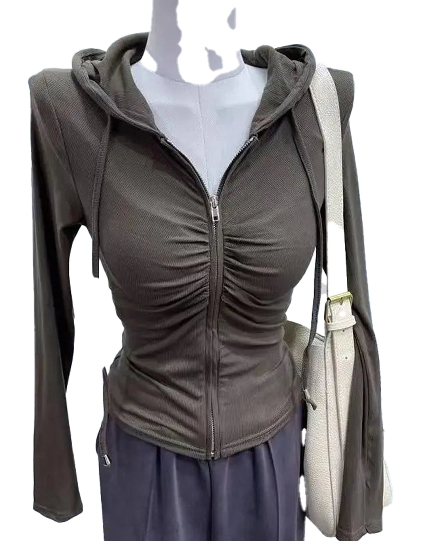 Stylish zip up hoodie for women with ruched design and a fitted look in olive green