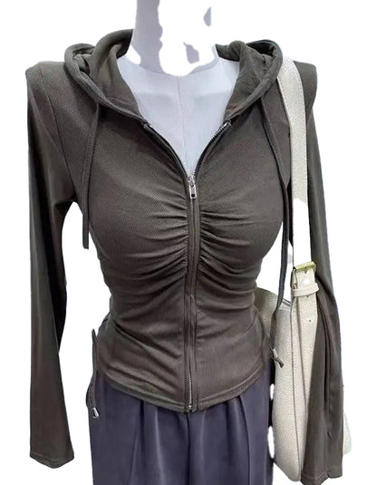 Stylish zip up hoodie for women with ruched design and a fitted look in olive green