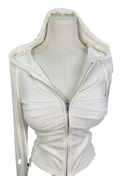 Cream zip up hoodie for women with a stylish fitted design and comfortable fabric