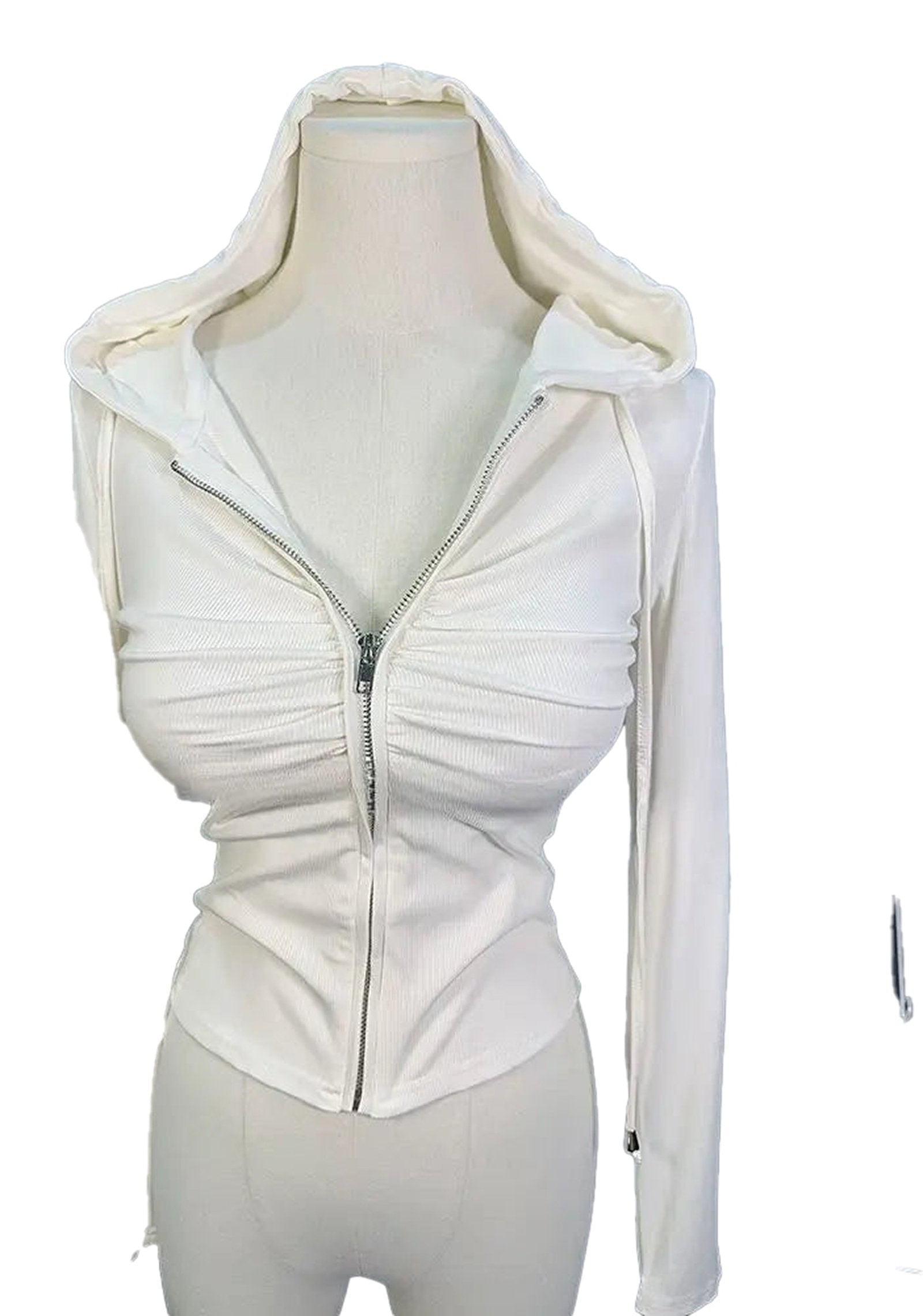 White zip up hoodie for women with gathered front design and lightweight fabric