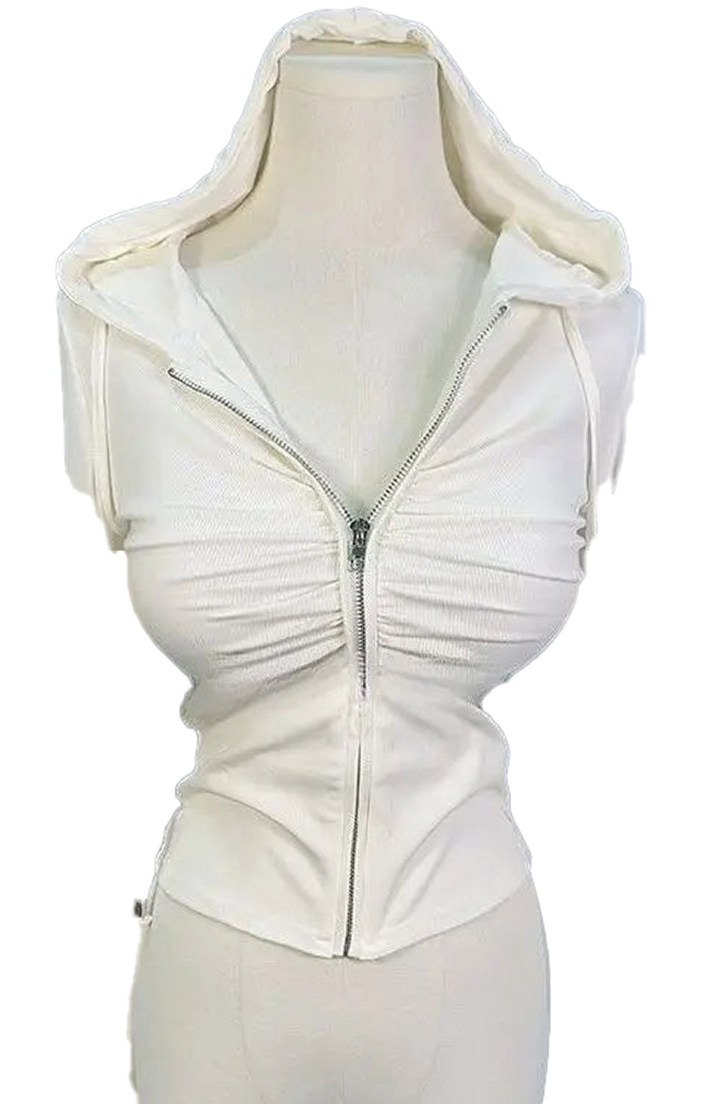 White zip up hoodie for women with ruched detailing and a stylish design