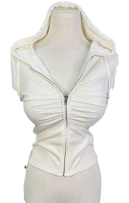 White zip up hoodie for women with ruched detailing and a stylish design