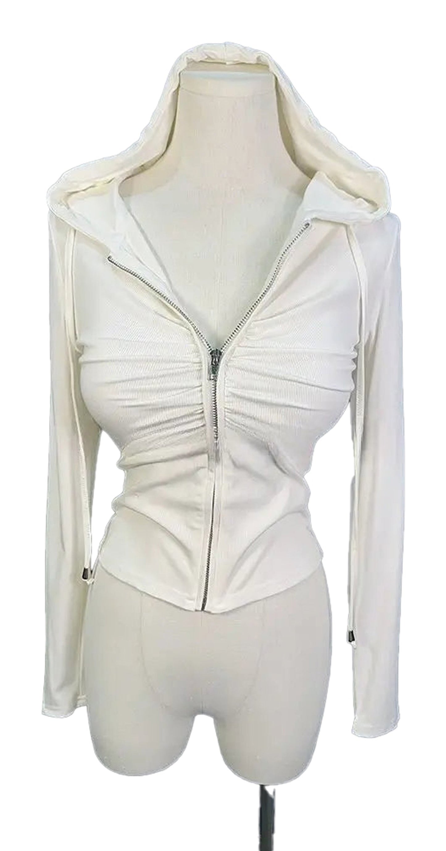 White zip up hoodie for women with gathered detailing and hooded design