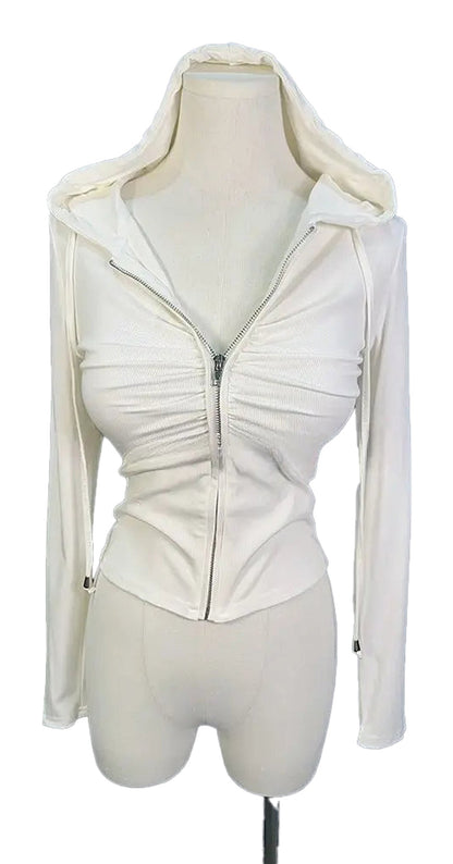 White zip up hoodie for women with gathered detailing and hooded design