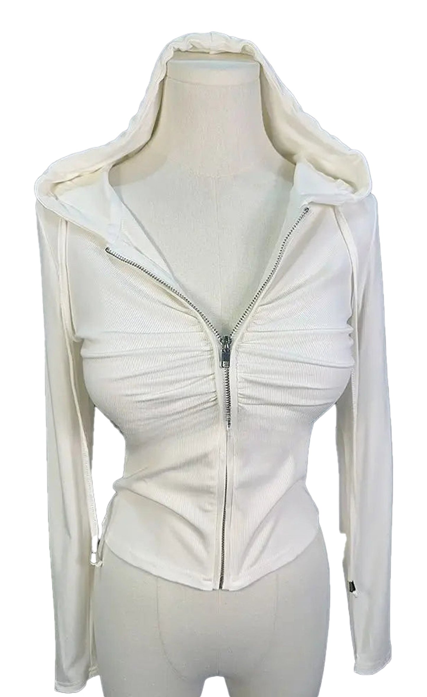 LuckeLadybug LLC zip up hoodie for women in white with a fitted design and adjustable hood