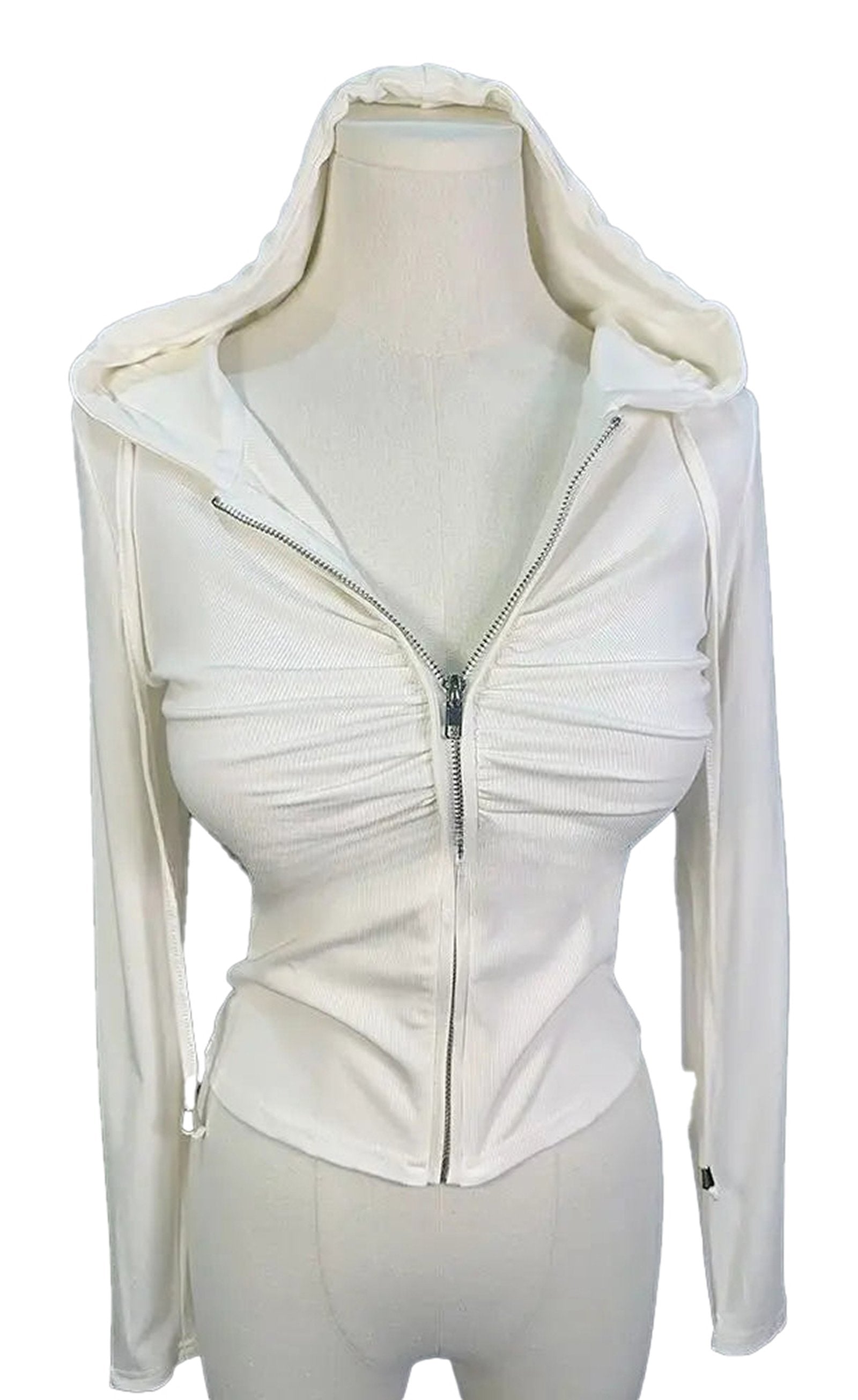 LuckeLadybug LLC zip up hoodie for women in white with a fitted design and adjustable hood
