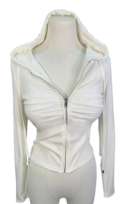 LuckeLadybug LLC zip up hoodie for women in white with a fitted design and adjustable hood